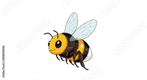 Cute cartoon bumblebee flying with its wings spread and legs dangling.