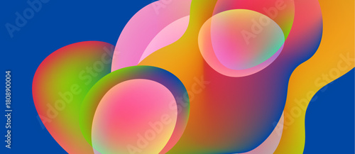 Abstract colorful shapes overlap. Vibrant gradients create fluid forms, suggesting movement, energy, modern design. Bright hues dominate composition.