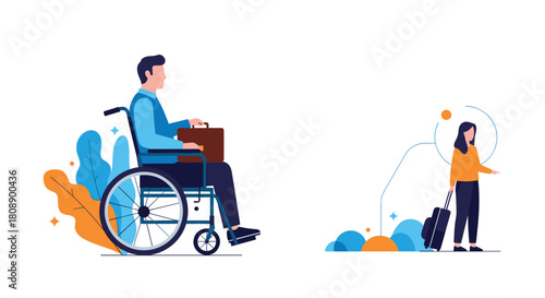 Man in wheelchair and woman with luggage, representing travel accessibility and assistance.