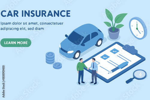 Car insurance concept with text place. Can use for web banner, infographics, hero images. Flat isometric vector illustration isolated on white background.
