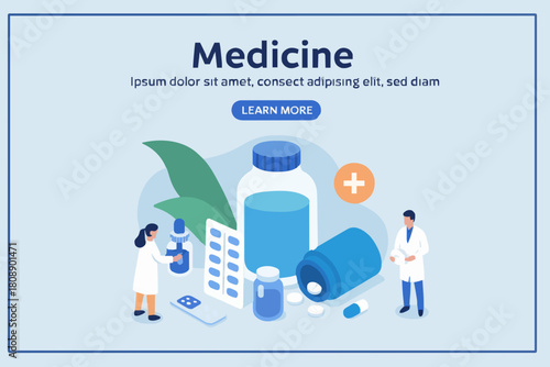Doctor Pharmacist in Drugstore Standing near Medicine Pills and Bottles. Medical Staff Choosing Medicaments. Pharmacy Store Concept. Flat Isometric Vector Illustration.