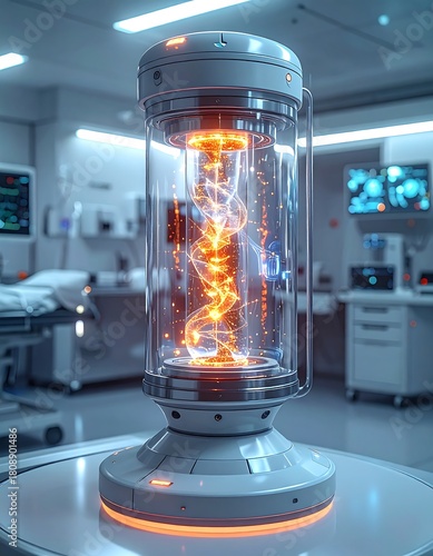Futuristic medical device with glowing core sits in a sterile hospital room setting
