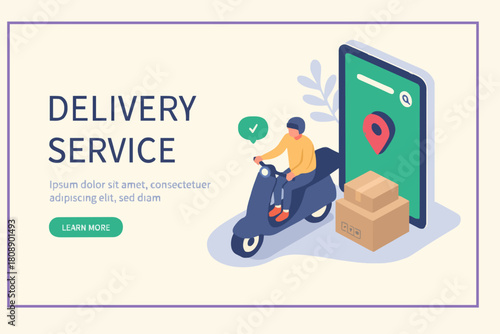 Online Delivery Service Web Banner Template. Courier on Scooter Delivering Parcel Box. Smartphone with Mobile App for Delivery Tracking. Smart Logistic Concept. Flat Isometric Vector Illustration.