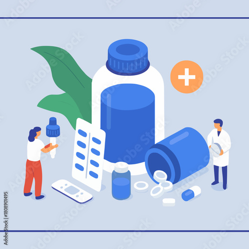 Doctor Pharmacist in Drugstore Standing near Medicine Pills and Bottles. Medical Staff Choosing Medicaments. Pharmacy Store Concept. Flat Isometric Vector Illustration.