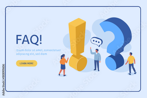 People Characters Standing near Exclamations and Question Marks. Woman and Man Ask Questions and receive Answers. Online Support center. Frequently Asked Questions Concept. Flat Vector Illustration.