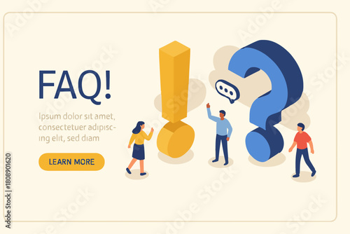 People Characters Standing near Exclamations and Question Marks. Woman and Man Ask Questions and receive Answers. Online Support center. Frequently Asked Questions Concept. Flat Vector Illustration.
