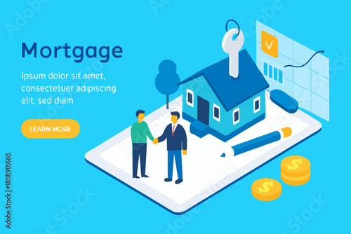 Family Buying Home with Mortgage and Paying Credit to Bank. People Invest Money in Real Estate Property. House Loan, Rent and Mortgage Concept. Flat Isometric Vector Illustration.