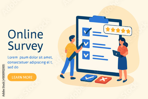 People Characters Filling Test in Customer Survey Form. Woman and Man putting Check Mark on Checklist. Customer Experiences and Satisfaction Concept. Flat Isometric Vector Illustration.

