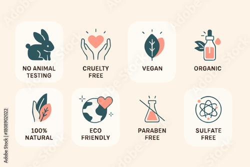 Vegan Organic Cosmetic Icons Collection. Not Tested on Animals, Cruelty Free Badges. Eco and Nature Friendly Logo Templates. Flat Line Cartoon Vector Illustration.