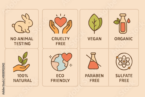 Vegan Organic Cosmetic Icons Collection. Not Tested on Animals, Cruelty Free Badges. Eco and Nature Friendly Logo Templates. Flat Line Cartoon Vector Illustration.