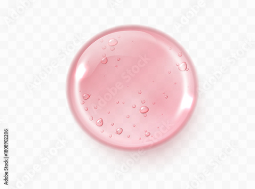 Transparent glycerin pink gel texture with glossy liquid drop and bubbles. Realistic serum splash element for cosmetic product advertising.