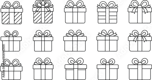 “Collection of hand drawn gift box outline icons featuring ribbon bows and decorative packaging designs perfect for holiday illustrations, celebrations, festive graphics, and seasonal projects”