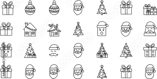 “Collection of hand drawn Christmas icons featuring Santa faces, gift boxes, ornaments, holiday houses, and festive tree illustrations for seasonal graphic design projects”