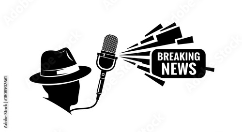 A stylized illustration featuring a detective's silhouette, a microphone, and a 'Breaking News' banner, conveying a sense of investigative journalism.
