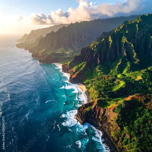 Aerial view of a rugged coastline with mountains and ocean