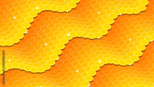 Horizontal money background for wishes of good luck and abundance background made of waves of gold coins. Backdrop for festive celebration. Vector background top view at an angle