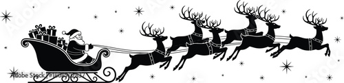 “Christmas Santa sleigh silhouette with flying reindeer, festive holiday illustration, winter night scene, magical Christmas artwork for seasonal design”