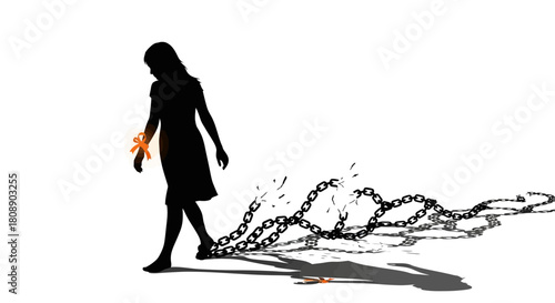 Silhouette of a woman breaking free from chains, symbolizing freedom.