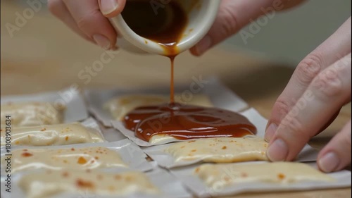 Caramel sauce drizzle dessert pastry hand closeup kitchen cooking sweet, caramel sauce pours over pastry squares with gentle hand touch, warm glossy texture and inviting mood cozy homemade kitchen