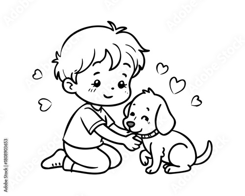 Cartoon vector illustration of a little boy and his fun puppy dog playing together, perfect for a coloring book outline of childhood pets