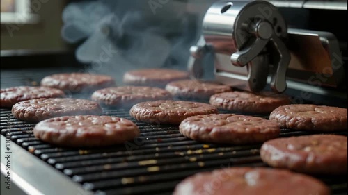 Grilled burger beef patty smoky barbecue grill for outdoor juicy lunch, flame sear and mouthwatering aroma over hot grates with tender texture and savory scent, backyard cookout vibes and tasty char