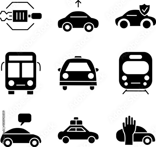 Transportation and Taxi Glyph Icons Set – Car, Bus, Train, Safety, Mobility