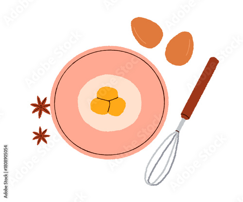 Eggs in mixing bowl, whisk and anise condiment. Preparing, cooking, bakery food preparation process from top view. Culinary mixture for baking. Flat vector illustration isolated on white background