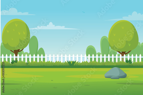 A peaceful green landscape with trees a white fence and blue