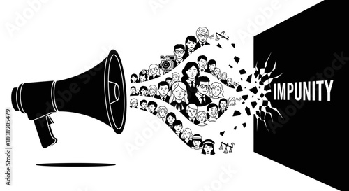 A megaphone amplifies the voices of a diverse crowd of people, collectively breaking down the concept of impunity.