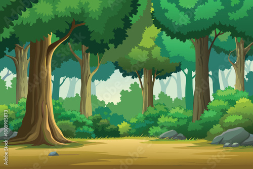 A lush forest scene with a dirt path winding through trees
