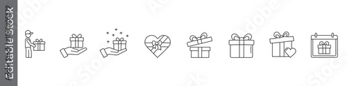 Gift and present line icon set – editable outline symbols of delivery, hand, heart, box, ribbon and calendar