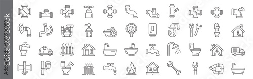 Mega collection plumbing and sanitary line icon set – editable outline symbols of faucet, pipe, valve, shower, toilet, sink, wrench, and water heater