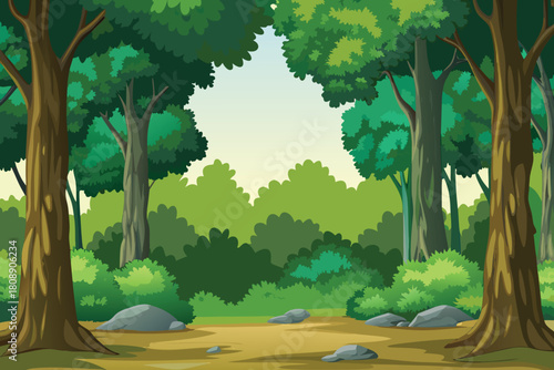 A lush green forest scene with tall trees and rocky ground