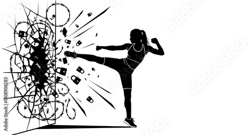 Silhouette of a woman performing a side kick, breaking through a wall, symbolizing strength and determination.