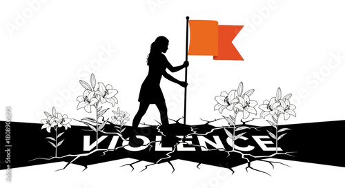 Silhouette of a woman holding a flag, standing on the cracked word 'violence' with flowers growing from the ground.