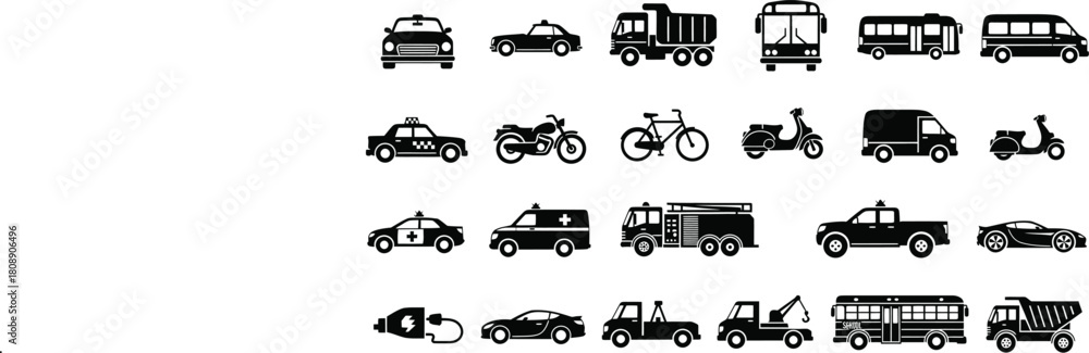 Naklejka premium Set of various transportation vehicles and public transport black silhouette icons isolated on white background