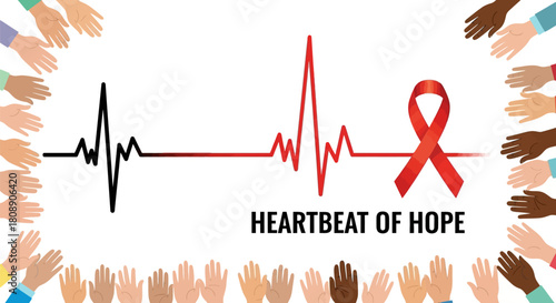 A graphic illustration symbolizing the heartbeat of hope with a red ribbon and diverse hands reaching out in support.