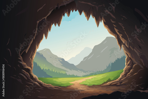 A scenic view from inside a dark cave overlooking mountainsides
