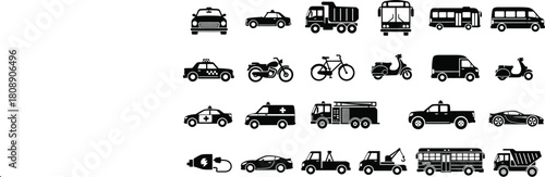Set of various transportation vehicles and public transport black silhouette icons isolated on white background