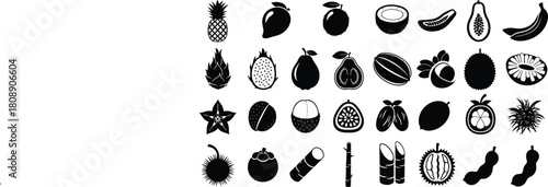 Assortment of tropical and exotic fruit black silhouette icons isolated on white background