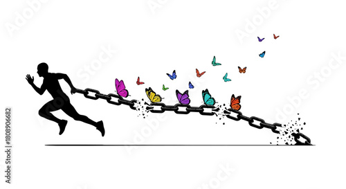 Silhouette of a person running away from broken chains with butterflies flying out.