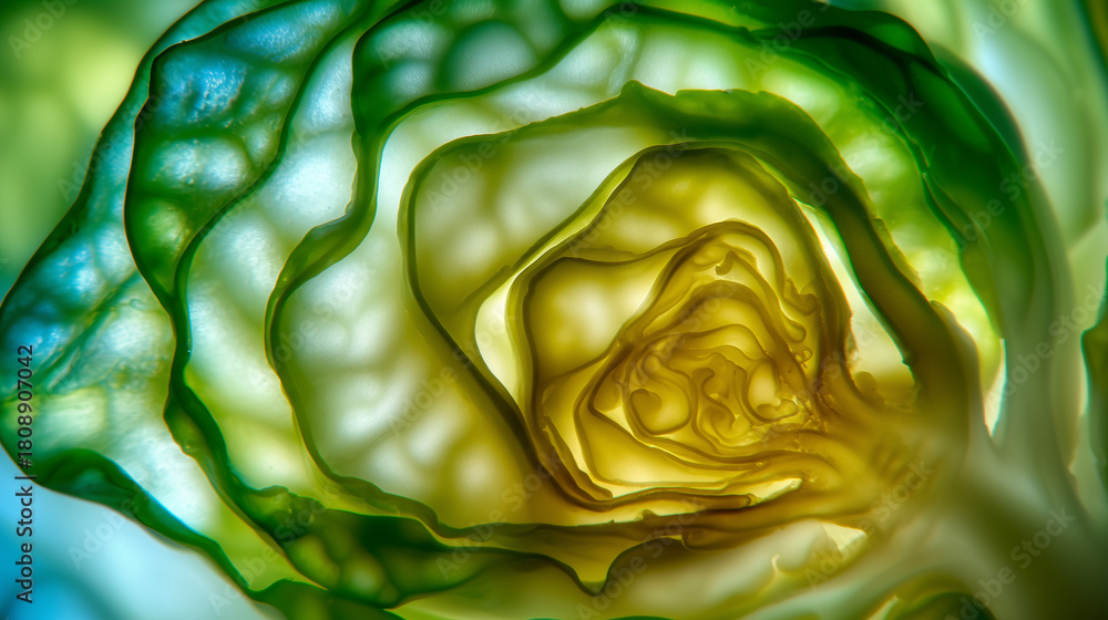 Obraz premium Close-up abstract view of green cabbage layers with backlighting, showcasing organic texture and natural patterns