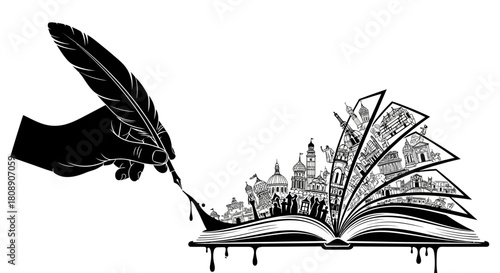 A black and white illustration of a hand holding a quill pen, writing a fantastical cityscape into an open book, with ink dripping.