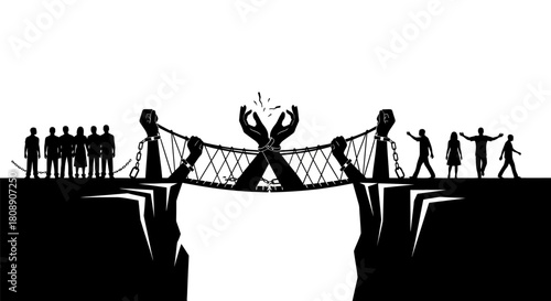 Illustration of people building a bridge to connect two sides of a chasm, symbolizing connection and collaboration.