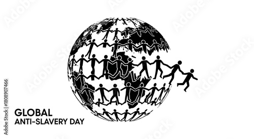A symbolic illustration for Global Anti-Slavery Day showing people breaking free from a human chain forming a globe.