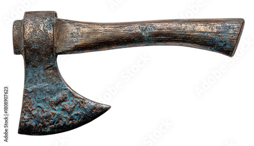Top view of an old iron axe head with aged patina, isolated on transparent background, historical weapon concept, detailed corrosion