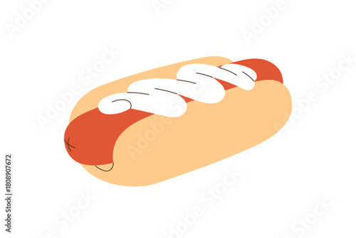 Hotdog with sausage inside, mayo sauce topping. Hot-dog, frankfurter between filling buns. Long American sandwich, unhealthy snack, fast food. Flat vector illustration isolated on white background
