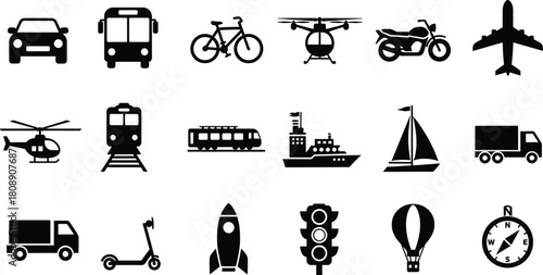 Collection of transportation icons, including car, bus, bicycle, plane, train, ship, and traffic