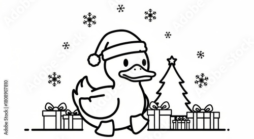 Cute Cartoon Duck with Santa Hat and Christmas Gifts Illustration
