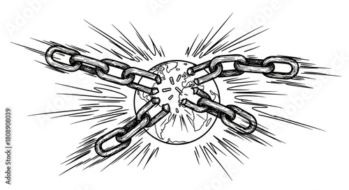 A powerful black and white illustration of a sphere breaking its heavy chains, symbolizing freedom and liberation.